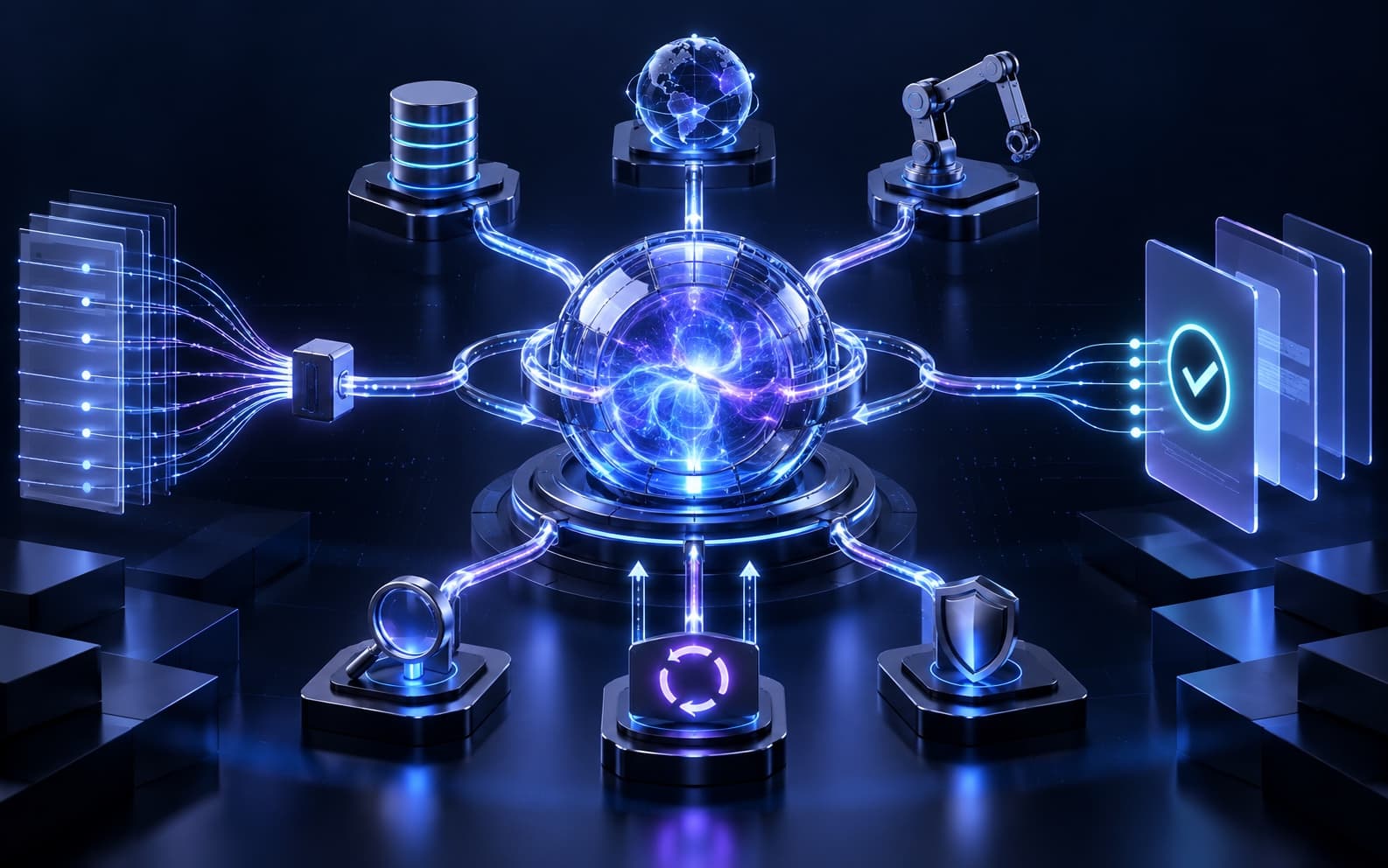 An AI reasoning core connected to a set of external tools