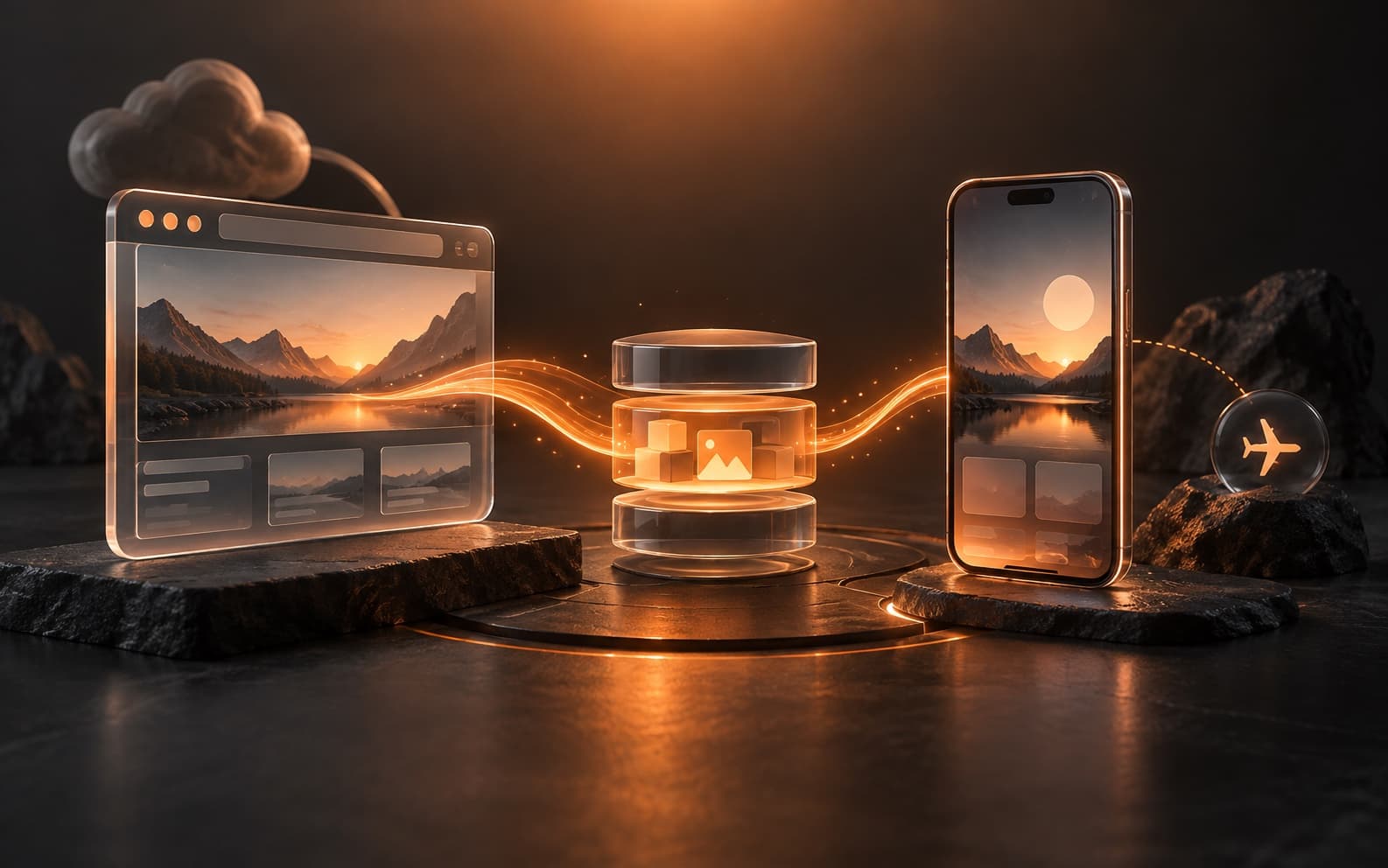 A browser and mobile application connected through a shared offline data layer